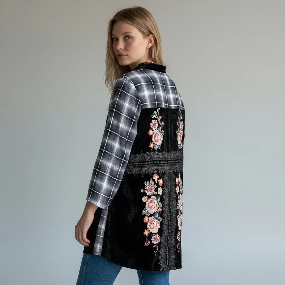 Andree by Unit Plaid Velvet Floral Embroidered 3/4 Sleeve Button Down Top - Picture 3 of 10